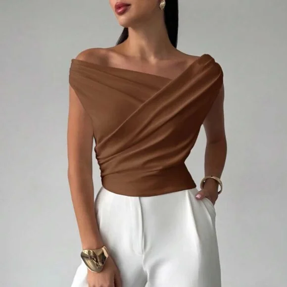 Elegant White Off-Shoulder Asymmetrical Neck Blouse
